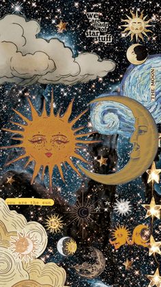 the sun and moon are surrounded by stars, clouds, and other things in the sky