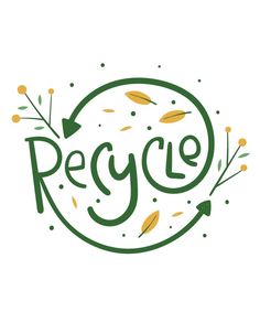 the word recycle written in green and yellow with leaves around it on a white background