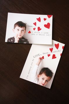 two valentine's day cards with the same photo on them, one has hearts