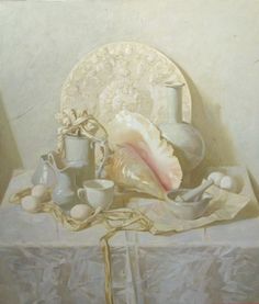 a painting of shells and cups on a table