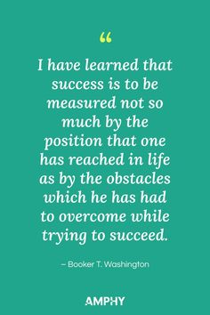 “I have learned that success is to be measured not so much by the position that one has reached in life as by the obstacles which he has had to overcome while trying to succeed.”- Booker T. Washington Booker T Washington, Booker T