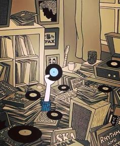 a room filled with record players and records