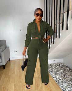 Spirited Overalls Pantsuits Khaki Streetwear, Red Street, Green Street, Two Piece Pants Set, Fashion Gallery, Fashion Streetwear, Shirt Collar, Wholesale Fashion, Sleeve Designs