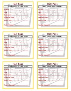 four different types of hall pass cards with the names and numbers in each card,