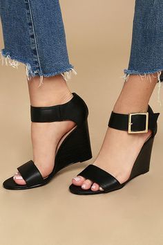 Neysa Black Ankle Strap Wedges 1 Wedge Heel Outfit, Trendy Wedges, Heels Outfits, Ankle Strap Wedges, Strap Wedge, Peep Toe Shoes, Cheap Shoes, Black High Heels, Ankle Strap Heels