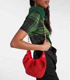 Red Top Handle Bucket Bag For Evening, Red Evening Bucket Bag With Top Handle, Embellished Leather Party Bag, Luxury Red Embellished Bag, Luxury Embellished Red Bags, Leather Top Handle Bucket Bag For Party, Chic Embellished Leather Bag, Luxury Red Beaded Bag, Leather Tote Shoulder Bag For Party