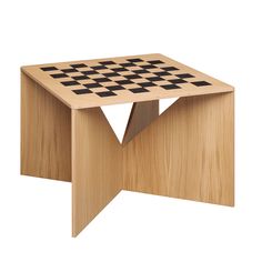 a wooden table with a chess board on it