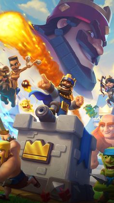 an image of some cartoon characters in front of a fire and sky background with the words clash royale on it