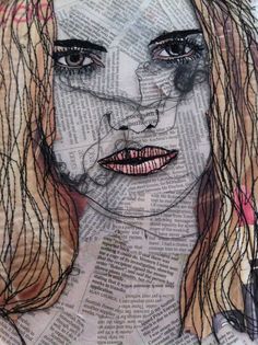 a drawing of a woman's face with long hair and makeup on top of newspaper pages