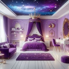 a bedroom with purple furniture and stars painted on the ceiling