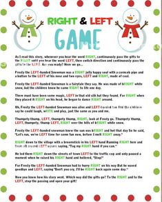 the right and left game for kids to play on their christmas day, with snowmen in