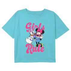 Who knew that dressing "mousey" could be so cute!? Celebrate Walt Disney's most iconic character with fun new officially licensed Mickey and Friends apparel for the whole family! This Mickey and Friends Retro Daisy and Minnie Girls Rule Girls' Graphic Cropped T-Shirt features Minnie Mouse and Daisy Duck posing cool in retro clothing, along with the inspirational phrase: "Girls Rule" printed in bright pink lettering across the front. Whether you're a super fan, or just looking for a unique 'fit f Cute Character Print T-shirt For Disney Fan Events, Minnie And Daisy Shirts, Playful Blue Mickey Mouse Top, Cotton Minnie Mouse Graphic Tee, Playful Pink Mickey Mouse T-shirt, Playful Blue Mickey Mouse T-shirt, Blue Mickey Mouse Playful T-shirt, Cheap Playful Minnie Mouse T-shirt, Playful Cotton T-shirt With Minnie Mouse