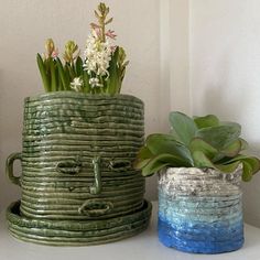 two pots with plants in them sitting on a table