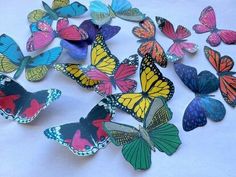 a group of colorful butterflies sitting on top of a table