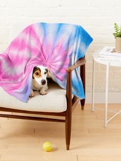 a dog is hiding under a blanket on a chair