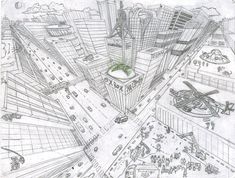 a drawing of a city with lots of tall buildings and green plants growing out of the top