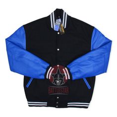 DETAILS OF JACKET The Classic Varsity Jacket Color: Black / Blue Black /White Rib on Neck, Wrist & Bottom/Hem Two External Side Pockets Exterior Sleeve: Cowhide Leather Interior: Polyester Quilted Lining / Two Internal Pockets Style: Varsity Jacket Care: DRY CLEAN ONLY We can add custom embroidery, printing, or labels on these jackets as per the customer's demand. Additional charges apply. Winter Blue Varsity Jacket For Streetwear, Winter Blue Leather Jacket With Pockets, Blue Winter Varsity Jacket For College, Blue Varsity Jacket For College In Winter, Blue Long Sleeve Varsity Jacket For Outdoor, Blue Hooded Varsity Jacket For Outdoor, Blue Leather Jacket For Streetwear With Long Sleeves, Blue Leather Jacket For Streetwear, Fitted Navy Outerwear For Streetwear