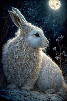 a painting of a white rabbit sitting in the grass with a full moon behind it