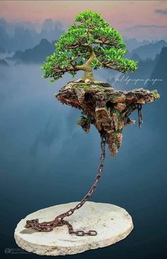 a bonsai tree on top of a rock in the middle of water with chains attached to it