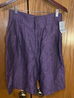 "These 80's linen blend shorts are new with tags! They are lightweight and perfect for spring, but you could also pair them with tights and boots when it's colder. These shorts are marked as an 8, but based on the measurements I estimate them to be closer to a modern size 6. The rise is quite high, so be sure to check the measurements or measure a similar garment that fits you well for comparison.  marked size: 8 (please see above paragraph)  Waist: 28\" Rise: 14\" Inseam: 8.5\" I offer a limite Purple Linen, Linen Blend Dress, Tights And Boots, Dress Shorts, Beautiful Skirts, Camping Shirt, Skater Dress, Short Outfits, Linen Blend