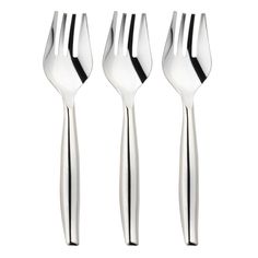 three forks and two knives on a white background