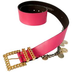 1980s Fucsia Elizabeth Arden leather wide belt with a gold tone chain adorned with polished coins. Coin Belt, Wide Leather Belt, 1980s Fashion, Elizabeth Arden, Wide Belt, Knee High Boots, Knee High, Gold Tones, Coin