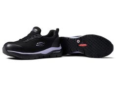 SKECHERS Work Arch Fit SR - Evzan Alloy Toe - Women's Shoes : Black/Purple : The SKECHERS Work Arch Fit SR - Evzan Alloy Toe offers durable protection and all-day comfort with a sleek, sneaker-inspired design. Lightweight Alloy Toe meets ASTM F2413-18 I/75, C/75 impact and compression safety standard. Low top safety sneaker silhouette with full lace closure. Padded tongue and collar with stitched pull-tab at back for easy on and off. Textile upper with synthetic overlays and alloy safety toe. Br Black Shock Resistant Sneakers For Training, Shock Resistant Round Toe Sports Sneakers, Shock Resistant Sports Sneakers With Round Toe, Sports Sneakers With Shock Resistant Round Toe, Shock Resistant Black Sneakers For Training, Functional Impact Resistant Sports Sneakers, Shock Resistant Sneakers With Round Toe For Running, Shock Resistant Running Sneakers With Round Toe, Low-top Shock Resistant Running Shoes For Light Sports