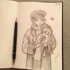 a drawing of a woman holding a cat in her arms and wearing a coat with a hood