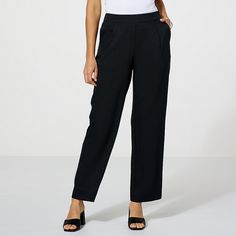 Jaclyn Smith Straight-Leg Pull-On Pant  Timelessly tailored yet always-at ease, these essential straight-leg pants are laid-back and comfortable yet refined and perfectly polished. For endless style options, dress them up or down with a blouse, sweater or graphic tee. Straight Leg Dress Pants With Elastic Waistband, Ireland Fashion, Jaclyn Smith, Beautiful Inside And Out, Skirt Socks, Swimwear Cover, Affordable Clothes, Pull On Pants, Straight Leg Pants