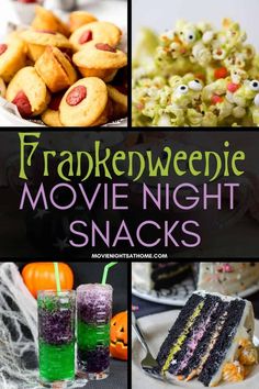 halloween movie night snacks and desserts with text overlay that reads, frankenweenie movie night snacks