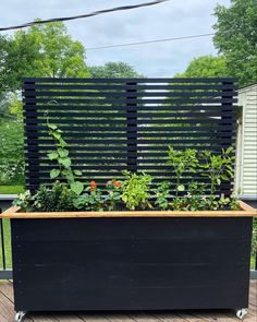 an outdoor planter box with plants growing in it on top of a wooden deck