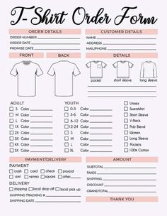 the t - shirt order form is shown in black and white