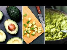 avocados and other foods are shown in three different pictures