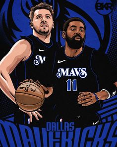 two men standing next to each other with a basketball in their hands and the words dallas bucks on it