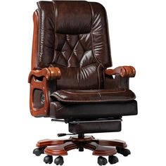 a brown leather office chair sitting on top of a wooden desk