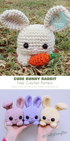 crochet bunny rabbit pattern is shown in three different colors, with the text below it