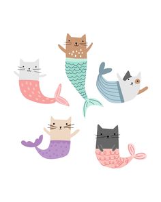 four different colored cats and mermaids with their tails in the shape of an animal