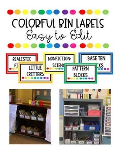 colorful bin labels are easy to edit for any classroom or home organization unit in the classroom