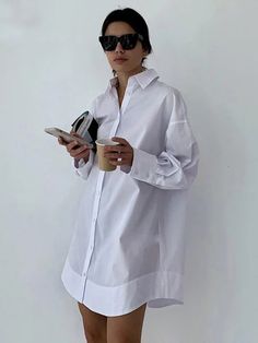 Leisure Fashion Loose Long Sleeves Solid Color Lapel Collar Shirt Dresses Fashion Shirts For Women, Flowy Bohemian Dresses, 2023 Wishlist, Trendy Maxi Dresses, Stylish Midi Dress, Patchwork Cardigan, Loose Fashion, Collared Shirt Dress, Fashion Shirts