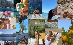 a collage of photos with people in bikinis