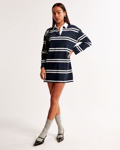 Long-sleeve mini dress in our in our comfortable knit fabric, featuring a vintage inspired stripe pattern and classic collar. Rugby Dress Outfit, 90s Straight Jeans, Cute Jumpsuits, Golf Girl, Early Fall Outfits, Fall 24, Jeans For Men, Dark Indigo, Women Essentials