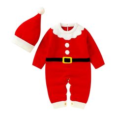 Adorable Baby Santa Claus Outfit - This Festive Baby Romper Set Includes A Cozy Red Santa Suit With White Button Details, A Black Belt Graphic, And A Matching Santa Hat. Perfect For Holiday Photos And Keeping Your Little One Warm And Stylish During The Christmas Season! Bust: 22.1 Inches Length: 24.4 Inches Baby Knitted Christmas Sweater Romper Crew Neck Long Sleeve Button Jumpsuit With Hat Set Baby Santa Claus, Knit Onesie, Santa Claus Outfit, Baby Santa, Sweater Romper, Santa Suit, Santa Suits, Santa Baby, Christmas Knitting