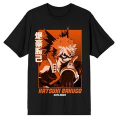 Celebrate your quirks with this my Hero Academia tee. The shirt features Katsuki Bakugo preparing for battle in front of an orange background while orange and white letters below read, "Katsuki Bakugo, Explosion." The tee comes in a black short sleeve crew neck and makes a great gift for fans of the anime. Bakugo Explosion, My Hero Academia Katsuki Bakugo, Golden Girls Merchandise, My Hero Academia Merchandise, Bakugo Katsuki, Katsuki Bakugo, T Shirt Image, Orange Background, White Letters