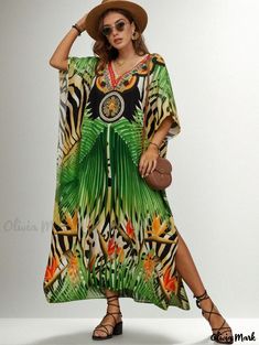 Olivia Mark - Beach Cover-Up Womens Cotton Printed Vacation Caftan Loose Fitting Maxi Dress Beach Covers, Cover Up Dress, Orange Blossom, Olivia Mark, Cotton Dresses, Green Leaves, Blossom, Cover Up, Loose Fitting