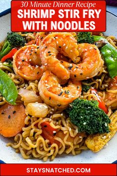 shrimp stir fry with noodles and vegetables on a plate