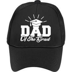 Show everyone how excited you are for your grad by wearing this Dad of the Grad Baseball Hat! The black fabric baseball hat features a Dad Of The Grad headline on the front panel in white. The back of the hat has an adjustable strap so it can fit dads of all sizes. Accessorize your ceremony or graduation party outfit with this celebratory hat! Dad of the Grad Baseball Hat product details:  7 1-2in wide x 10 1-2in long x 5in tall Adjustable strap closure One size fits most teens and adults Graduation Cap For Graduation Party, Adjustable Hats For Graduation, Father's Day Letter Print Baseball Cap, White Adjustable Baseball Cap For Father's Day, Adjustable Cap For Graduation Party, Black Curved Brim Dad Hat For Father's Day, Black Dad Hat With Curved Bill For Father's Day, Father's Day Black Dad Hat With Letter Print, Adjustable Black Dad Hat