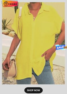 Women Solid Color V Neck Short Sleeve Casual Tunic Blouse Summer Collared Tops In Solid Color, Solid Color Summer Blouse For Vacation, Solid Color Summer Blouse For Beach, Solid Color Summer Beach Blouse, Solid Color Short Sleeve Shirt For Day Out, Collared Solid Color Blouse For Vacation, Casual Solid Color Blouse For Vacation, Casual Summer Blouse Solid Color, Casual Solid Color Summer Blouse