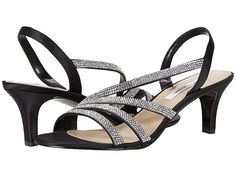 Nina Noura - Women's 1-2 inch heel Shoes : Black : Make a sparkly statement with the Nina Noura, a strappy slingback sandal featuring satin and rhinestone-encrusted straps. Open almond toe slip-on with elasticized heel strap for a secure fit. Man-made upper, lining, and insole. Composition leather sole. Imported. Measurements: Heel Height: 2 1 2 in Weight: 7 oz Product measurements were taken using size 9, width M. Please note that measurements may vary by size. Weight of footwear is based on a Holiday Evening Synthetic Sandals, Formal Strappy Sandals With Rhinestones, Elegant Synthetic Sandals For Holidays, Formal Strappy Heels With Rhinestones, Elegant Rhinestone Sandals For Holiday, Synthetic Sandals With Rhinestones For Evening, Evening Sandals With Rhinestones In Synthetic Material, Evening Sandals With Rhinestones, Synthetic, Formal Rhinestone Slingback Sandals