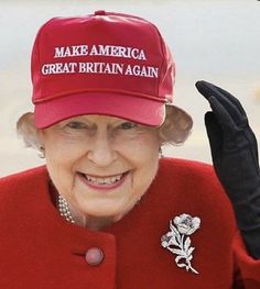 an older woman wearing a red hat with the words make america great britain again on it