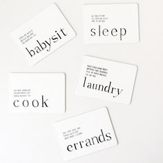 four labels that say babysith, sleep, laundry, and crandas